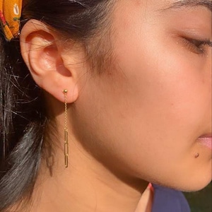 14K Solid Gold Dangle Paperclip Earrings,Rectangle Link Earring,Dangle Drop Earrings, Long Cable Link, Everyday Earring, Gifts For Her,Sale