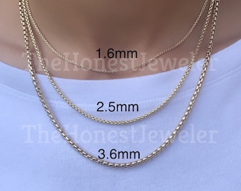 14k Solid Yellow Gold Round Box Chain, Link Chain,