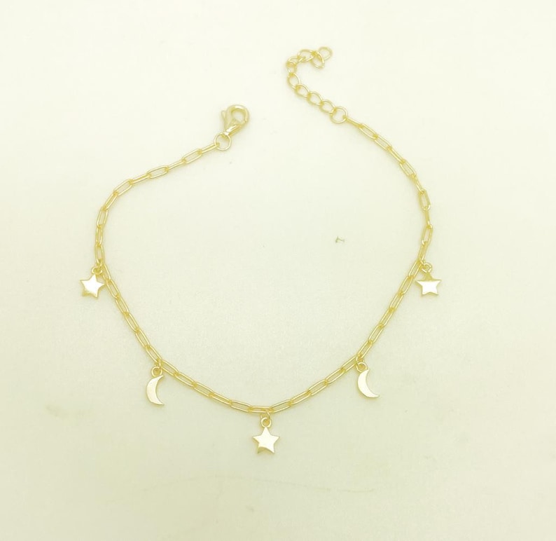 925 Solid Silver 14K Gold Plated Hamsa Bracelet Celestial Bracelet Moon Star Charm Bracelet Protection Bracelet Layering bracelet,Sale