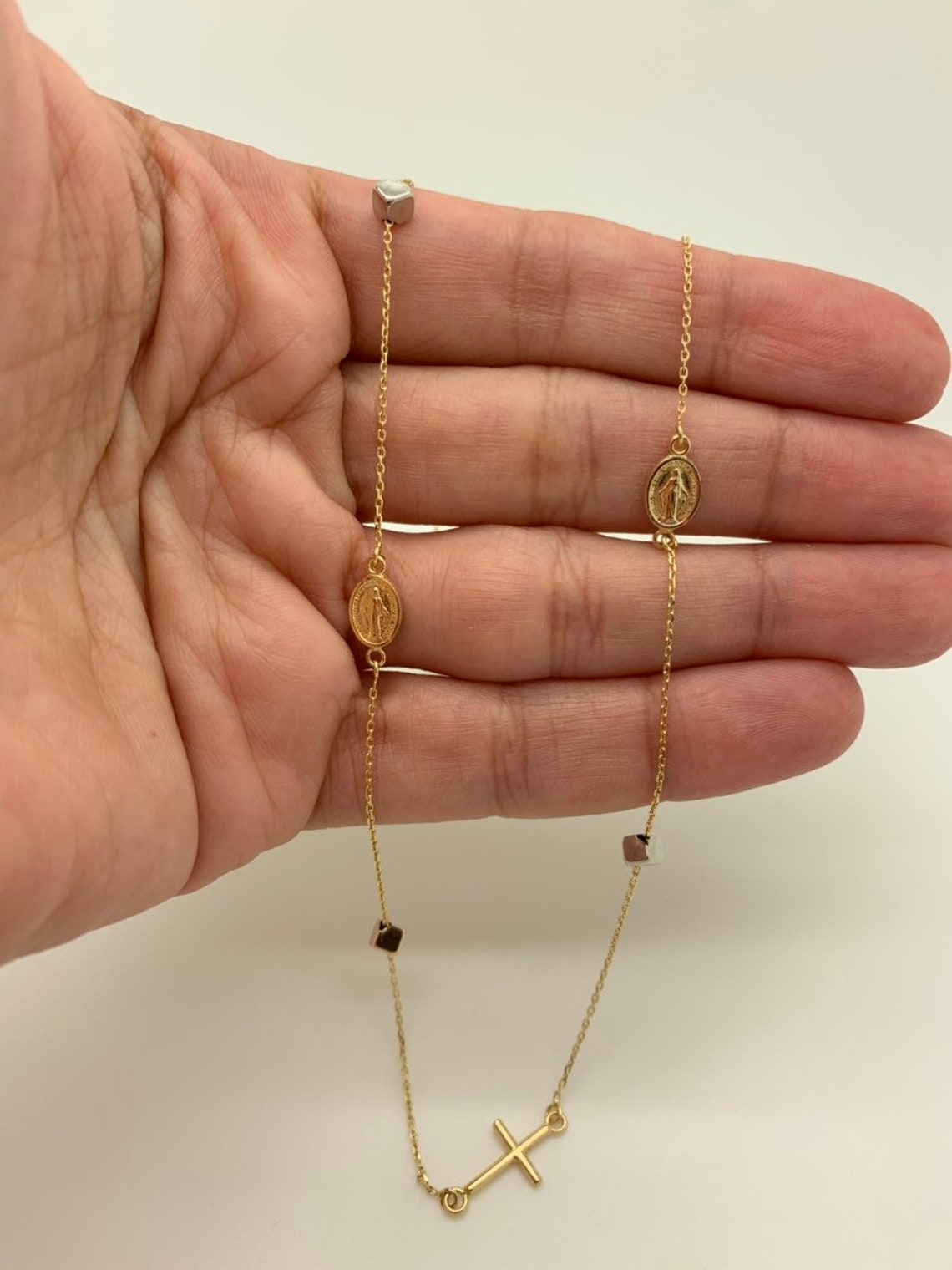 14k Solid Gold Rosary Bead Cube Necklacedainty Cross Etsy