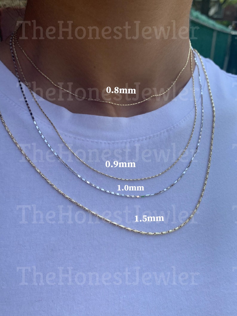 14k Solid Yellow, White, and Two-Tone Gold Lumina Bar Link Necklace Chain 0.8mm, 0.9mm, 1.0mm, 1.5mm, Round Bullet Link Chain, Sale image 1