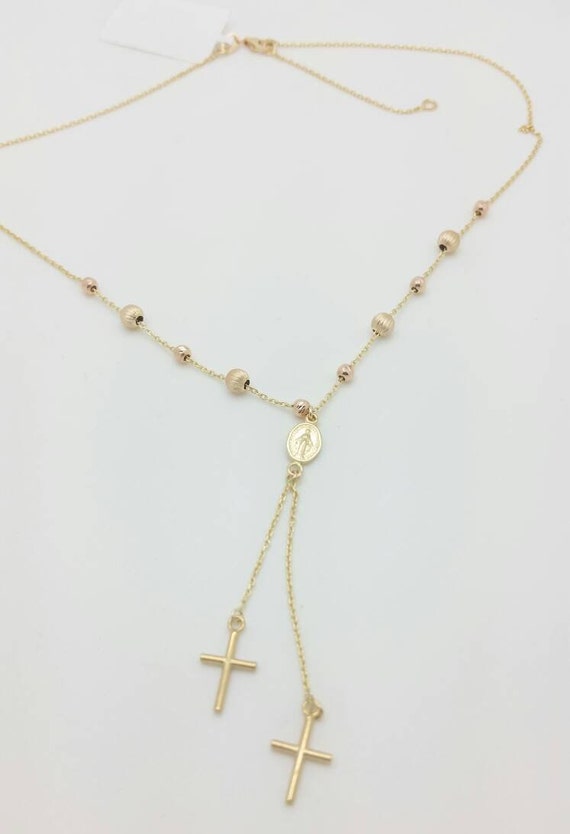 14k Tri-color Gold Religious Baptism Pendant with 1.2mm Cable Chain Necklace