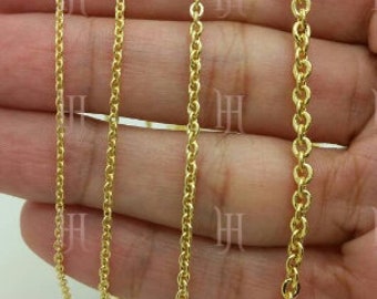 May include: Four gold-colored chain necklaces of varying thicknesses are displayed. The chains are labeled with their widths: 1.5mm, 1.9mm, 2.2mm, and 3.0mm. The chains are shown against a light background.