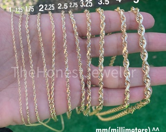 May include: A hand displays several gold-colored rope chains of varying thicknesses, ranging from 1 mm to 5 mm. The chains are laid out side by side, with numbers indicating their sizes. The text "The Honest Jeweler" is visible. The text "mm (millimeters)" is also visible.