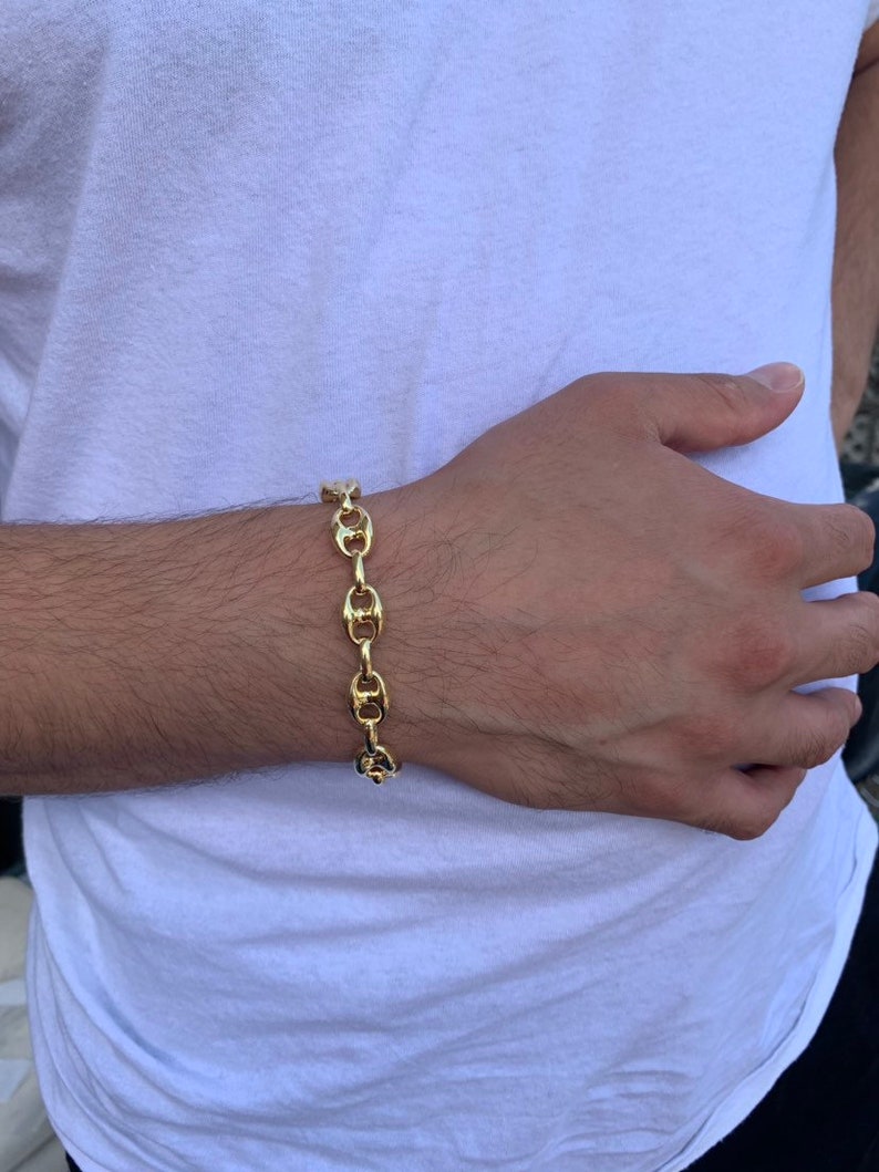 14k Yellow Gold Puffed Mariner Anchor Necklace Mens Bracelet Etsy