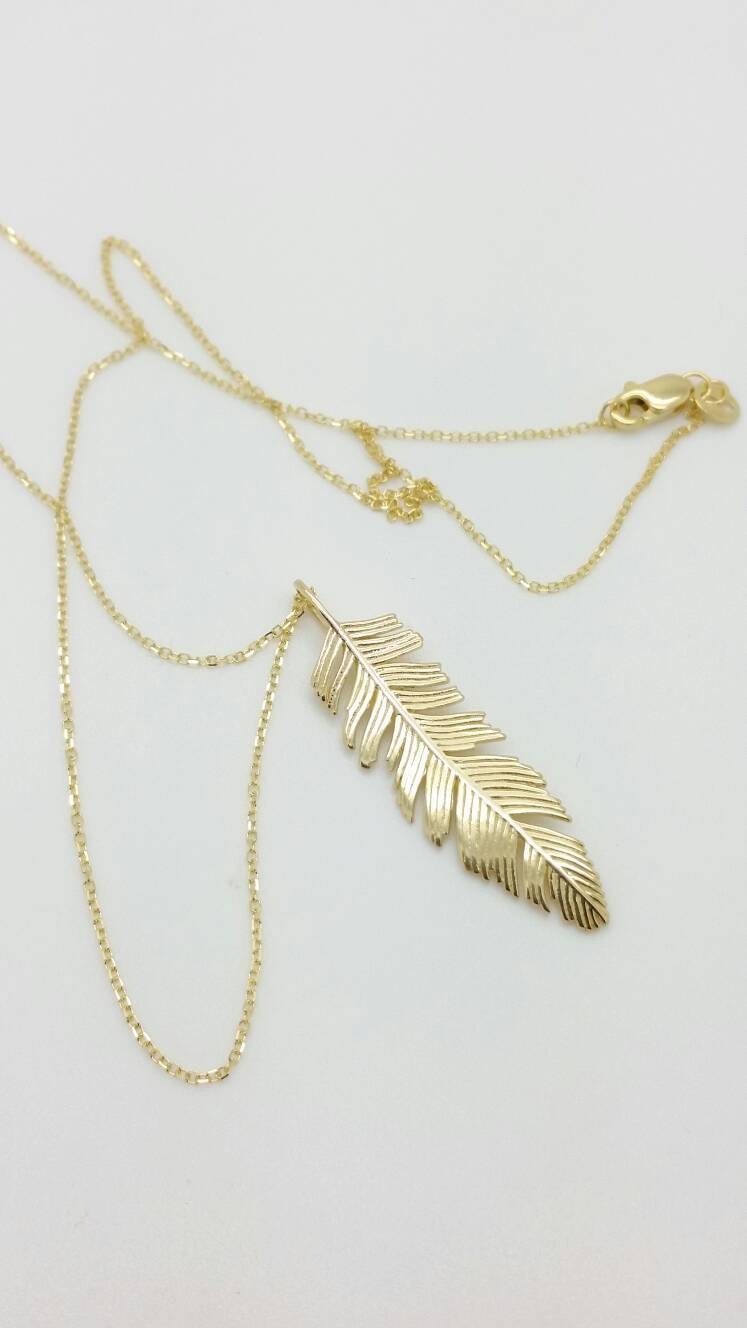 14k or 10k Solid Yellow Gold Feather Pendant Charm Necklace