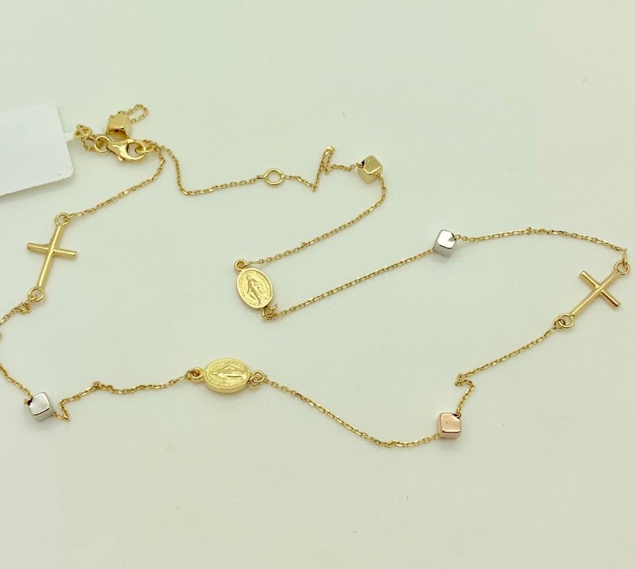 14k Solid Gold Rosary Bead Cube Necklacedainty Cross Etsy