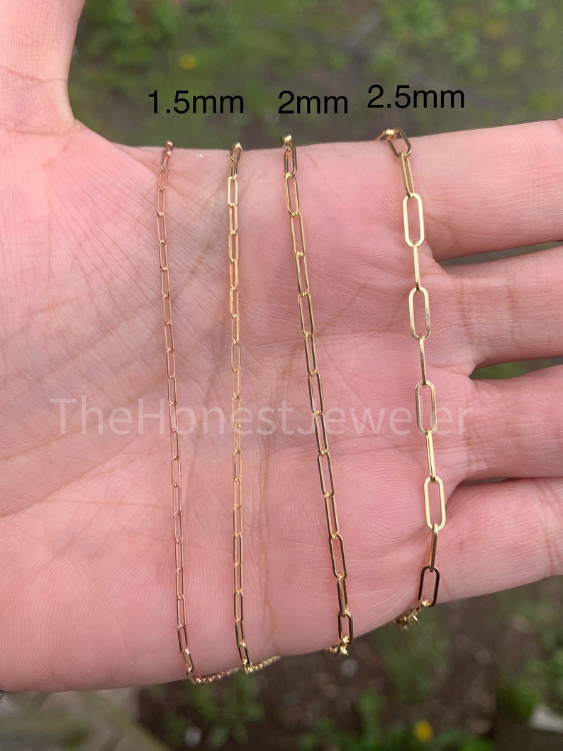 14k Solid Yellow, White, Rose Gold Link Necklace, Wire Paperclip Chain, Rectangular Layering Necklace, Bracelet,Anklet,1.5mm,2mm,2.5mm,2.7mm 