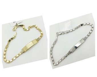 14k Solid Yellow/White Gold Heart Link Chain ID Plate Bracelet 6&quot; Child Baby/baby shower/birthday gift/personalized Sale
