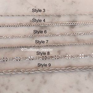 May include: Nine different styles of silver chains are displayed on a white marble surface. Each chain is labeled with a number from 3 to 9. The Honest Jeweler is credited in the image.
