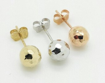 14K Solid Yellow White Rose Gold High Polish Faceted Ball Stud Earrings 6mm Mothers day Gift Sale