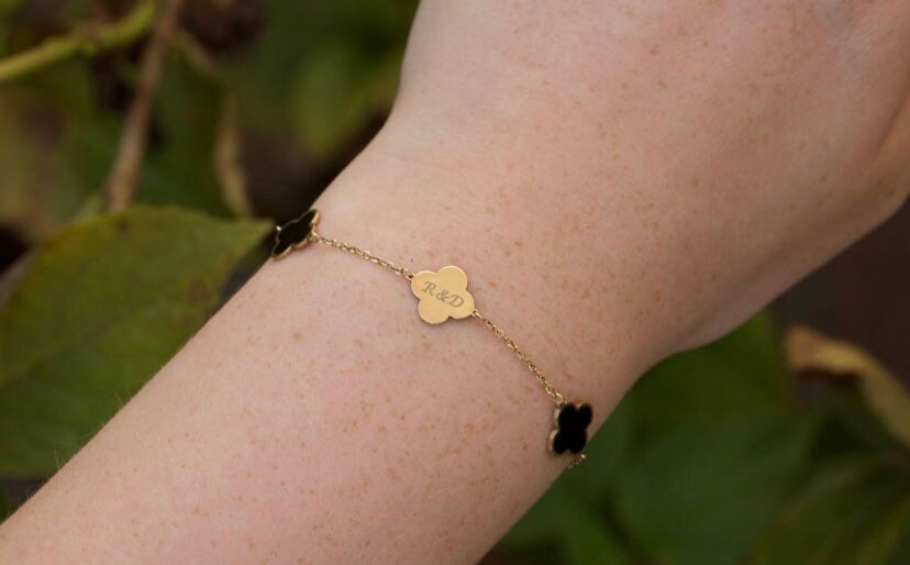 14k Solid Gold Clover Bracelet Black and Gold Clover Charms Etsy
