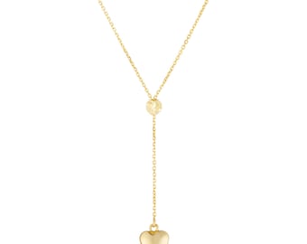 14k Solid Italian Yellow Gold Trendy Lariat Heart Chain Necklace, long necklace, Layering chain,Gift for Her, Mother's Day Gift