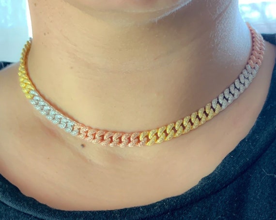 925 Solid Silver Pave Cuban Necklace, Tri Color Ch