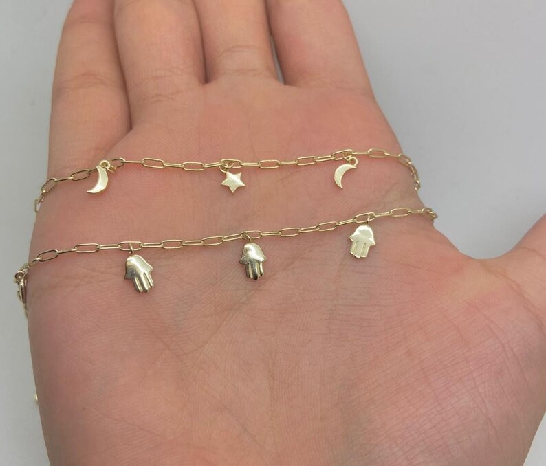 925 Solid Silver 14K Gold Plated Hamsa Bracelet Celestial Bracelet Moon Star Charm Bracelet Protection Bracelet Layering bracelet,Sale