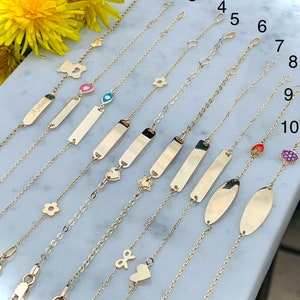 14k Solid Yellow Gold Heart Baby ID Bracelet,Evil Eye Baby ID Bracelet, Name plate Child Bracelet,Baby shower gift/birthday gift