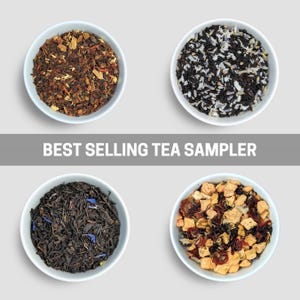 May include: Four white bowls filled with different types of tea. The teas vary in color and texture, with visible ingredients like herbs and dried fruits. The text "BEST SELLING TEA SAMPLER" is displayed in a gray bar.