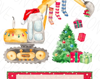 Christmas Kids Excavator Christmas Tree Boy Watercolor Shirt PNG,Digital Download, Sublimation PNG, ready to print transfer, Toddler PNG