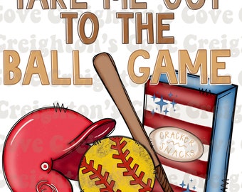 Może przedstawiać: Grafika o tematyce baseballowej z tekstem "TAKE ME OUT TO THE BALL GAME". Grafika zawiera piłkę baseballową, kij baseballowy, rękawicę łapacza i pudełko krakersów w czerwono-biało-niebieskim wzorze.