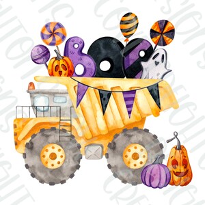 May include: A yellow toy dump truck with black tires and a purple, black, and orange Halloween themed load. The load includes a ghost, candy, pumpkins, and balloons.