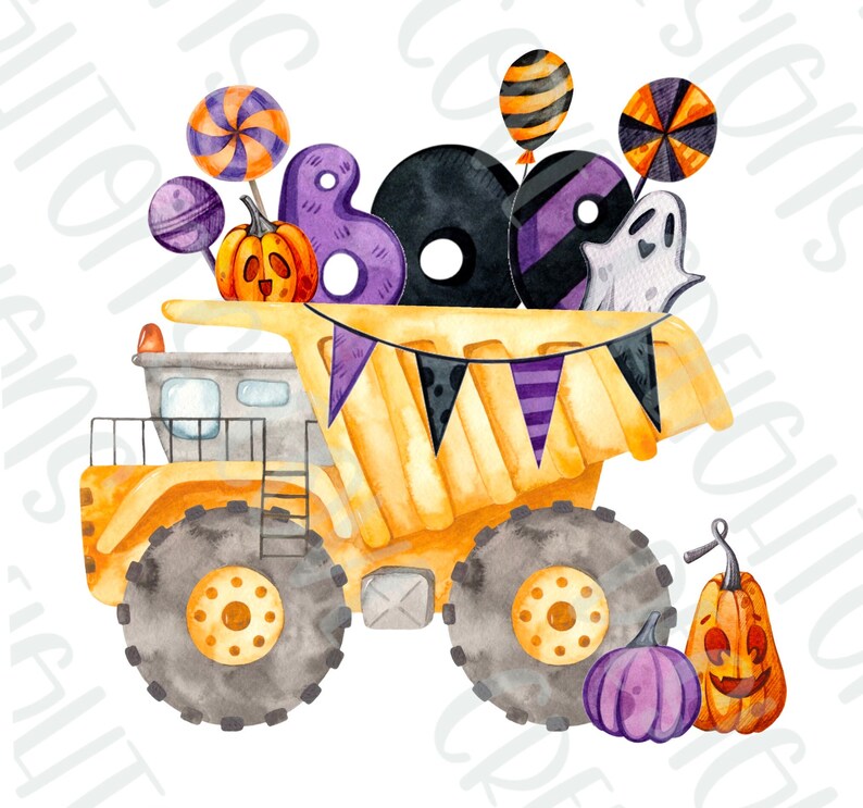 May include: A yellow toy dump truck with black tires and a purple, black, and orange Halloween themed load. The load includes a ghost, candy, pumpkins, and balloons.