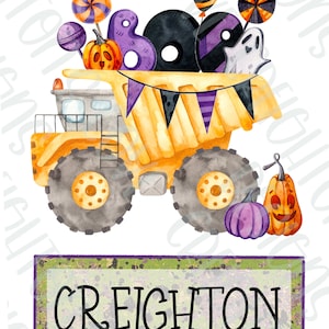 May include: A yellow toy dump truck with a purple and black striped banner. The truck is filled with Halloween decorations, including a ghost, a black and purple balloon, a purple number eight, and a candy cane. There is a pumpkin on the front of the truck and two pumpkins on the ground. The text "CREIGHTON" is on a green and purple sign.