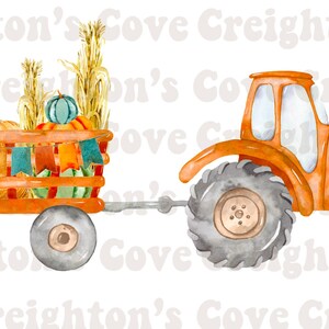 May include: A watercolor illustration of a tractor pulling a wagon filled with pumpkins, hay bales, and a turkey. The wagon is decorated with orange, yellow, and blue bunting.