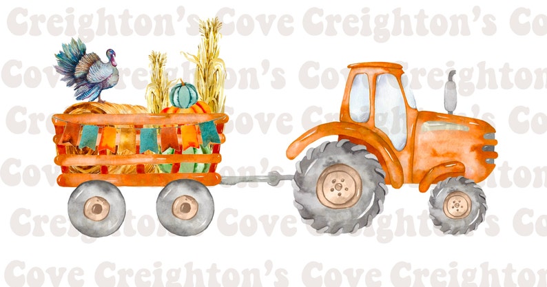 May include: A watercolor illustration of a tractor pulling a wagon filled with pumpkins, hay bales, and a turkey. The wagon is decorated with orange, yellow, and blue bunting.