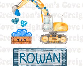 May include: A yellow toy excavator with a blue and white garland, lifting blue hearts into a wooden crate. The crate is filled with blue hearts. A blue and white plaid banner with the name "ROWAN" is below the excavator.