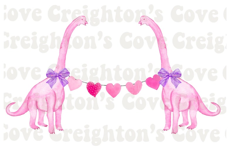 K&ouml;nnte beinhalten: Zwei rosa Dinosaurier mit lila Schleifen halten eine Girlande aus rosa Herzen. Die Dinosaurier schauen sich an und die Herzen sind zwischen ihnen aufgeh&auml;ngt.