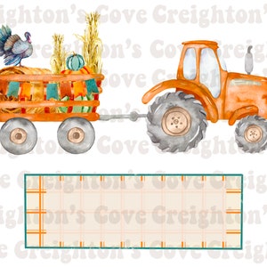 May include: A watercolor illustration of a tractor pulling a wagon filled with pumpkins, hay bales, and a turkey. The wagon is decorated with orange, brown, and teal bunting. The tractor is orange with gray wheels. The background is white.