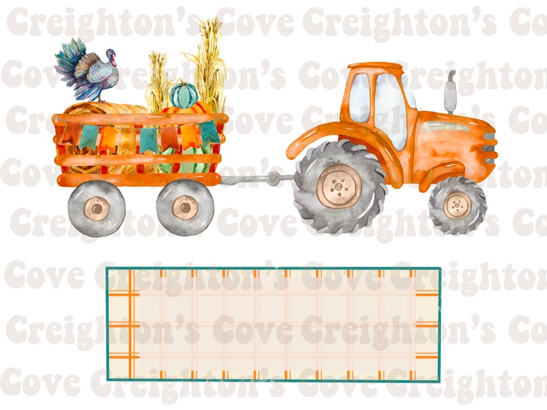 May include: A watercolor illustration of a tractor pulling a wagon filled with pumpkins, hay bales, and a turkey. The wagon is decorated with orange, brown, and teal bunting. The tractor is orange with gray wheels. The background is white.