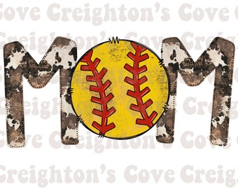 May include: A graphic design featuring the word "MOM" with a softball in the center. The letters are brown with a cowhide pattern, and the softball is yellow with red stitching.