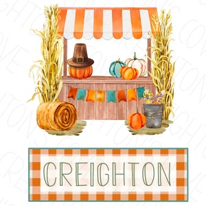 May include: A watercolor illustration of a fall harvest market stand with a banner that says "CREIGHTON". The stand is decorated with pumpkins, corn stalks, and a hay bale.