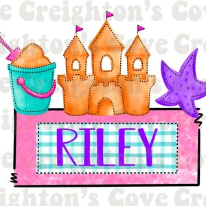 Girls sandcastle sublimation design | kids beach designs | faux embroidery beach png | girls summer digital download | summer design PNG