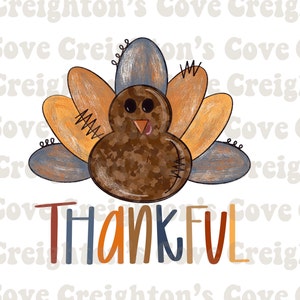 May include: A Thanksgiving-themed illustration of a brown turkey with a patchwork design. The turkey has a red beak and black eyes. The turkey is surrounded by orange, blue, and brown feathers. The word "THANKFUL" is written in large, colorful letters below the turkey.