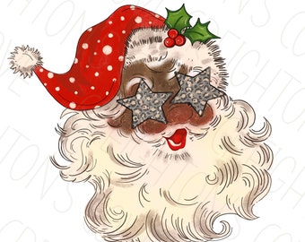May include: A vintage-style illustration of Santa Claus wearing a red hat with white polka dots and leopard print sunglasses. His beard is white and his face is brown.