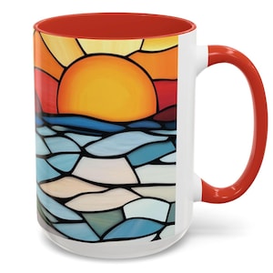 Stained Glass Sunset Coffee Mug: Artistic Ocean Sunrise Print