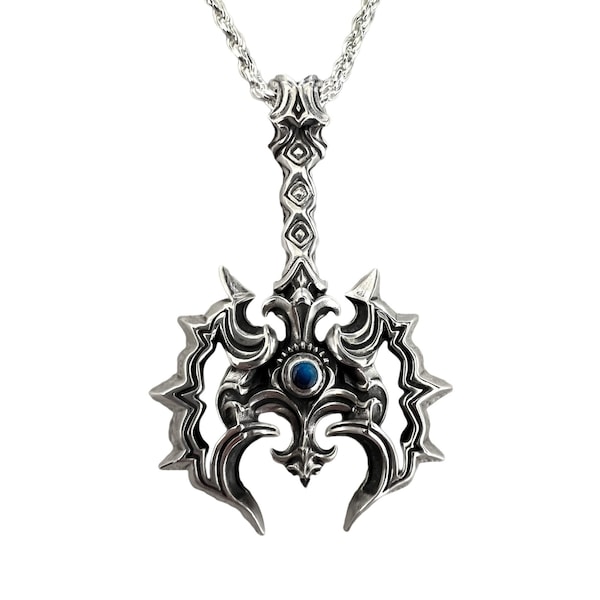 Thunder Axe: Handmade 100% Sterling Silver Pendant with Sterling Silver Chain and Natural Blue Sapphires