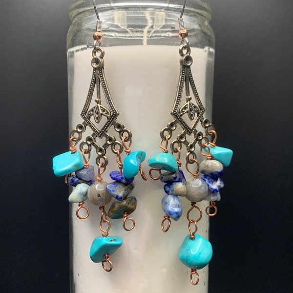 Chandelier Earrings with Turquoise, Lapis Lazuli, and Labradorite Crystals/Gemstones