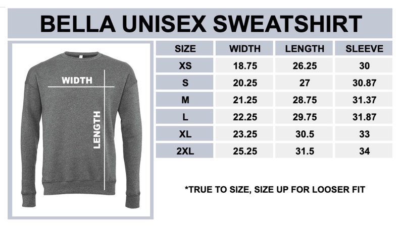 Peut inclure: Un sweat-shirt unisexe gris de la marque Bella, accompagn&eacute; d'un tableau des tailles. Le tableau indique les mesures de largeur, de longueur et de longueur des manches en centim&egrave;tres, pour les tailles XS &agrave; 2XL.