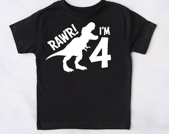 Rawr I’m 4, Chemise d’anniversaire de dinosaure, Anniversaire de Little Dude, Chemise d’anniversaire de petits garçons, Chemise T-rex Dino