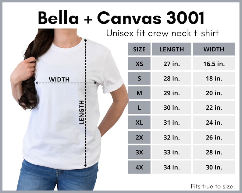 Peut inclure: Un t-shirt blanc unisexe Bella + Canvas 3001 &agrave; col ras du cou. L'image comprend un tableau des tailles avec des mesures en pouces pour les tailles XS &agrave; 4X. Le tableau indique la longueur et la largeur des chemises.