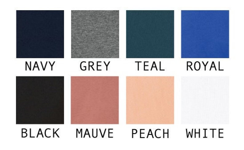 Peut inclure: Une palette de couleurs pr&eacute;sentant huit &eacute;chantillons de tissu de diff&eacute;rentes nuances. Les couleurs comprennent le bleu marine, le gris, le sarcelle, le bleu roi, le noir, le mauve, le p&ecirc;che et le blanc. Chaque &eacute;chantillon est &eacute;tiquet&eacute; avec son nom de couleur.