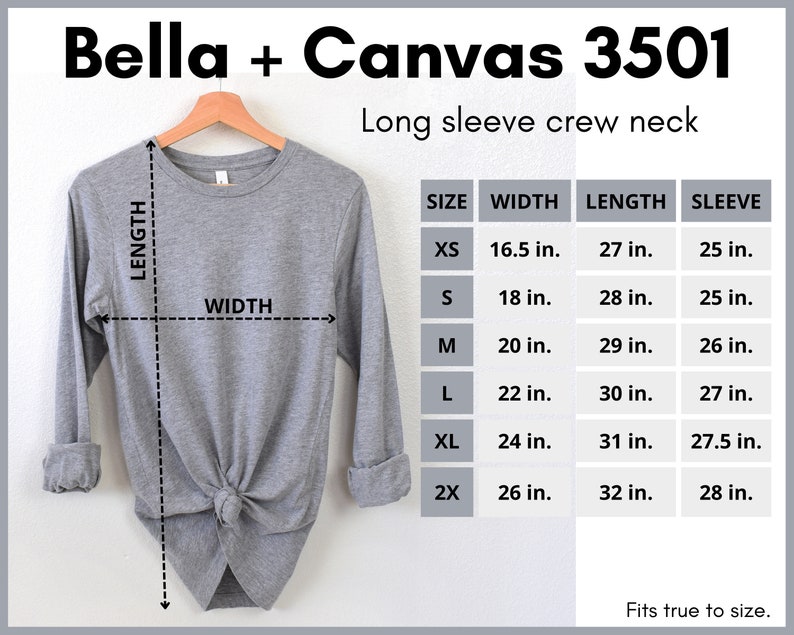 Peut inclure: Un t-shirt gris &agrave; manches longues et col rond, pr&eacute;sent&eacute; sur un cintre. Les mesures du t-shirt sont d&eacute;taill&eacute;es dans un tableau des tailles, avec des largeurs allant de 41,9 cm &agrave; 66 cm et des longueurs de 68,6 cm &agrave; 81,3 cm. Le texte "Bella + Canvas 3501" est en haut.