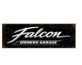 Letrero metálico rústico Falcon Garage: Taller de coches, fabricado en Australia.