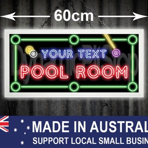 May include: Neon sign with a white frame, displaying "YOUR TEXT POOL ROOM" in neon. The sign uses green, red, yellow, and blue lights. The sign is 60cm (23.6 inches) wide.