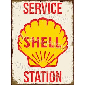May include: A vintage-style metal sign with a white background and red and yellow text. The sign reads "SERVICE STATION" with a red Shell logo in the centre. The Shell logo is a yellow seashell with a red outline and the word "SHELL" in red letters.