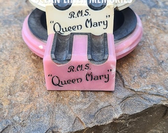 RMS Queen Mary Ashtray Pair: Pink Marble, Black Souvenir Ocean Liner Memorabilia