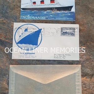 Enveloppe du voyage inaugural SS Normandie le 29 mai 1935 + carte postale Navire à vapeur de la French Line